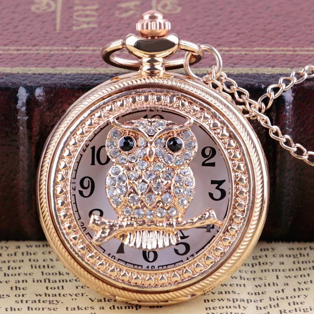 Owl Crystal NEW Pocket Watch Copper Tone Jewel Encrusted Gift Owls Bird - Picture 1 of 4